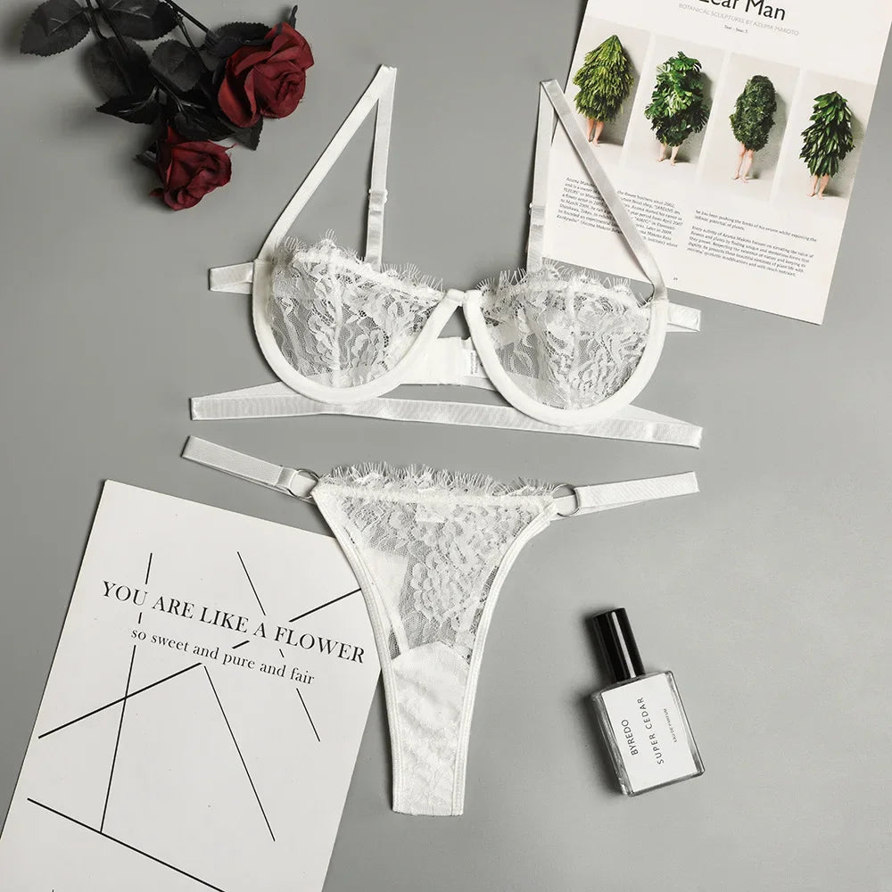 Sexy Lingerie Woman Lace Transparent Underwear Fairy Embroidery Brief Sets Delicate Bra Kit Push up Breves Sets Thin Erotic Bras